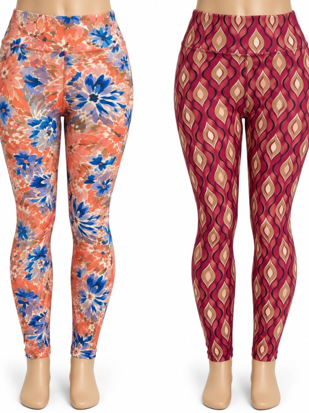 LuLaRoe Two-Pair Leggings in Orange Floral & Burgundy Geometric